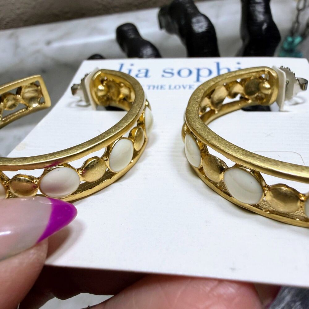 Lia Sophia Gold-Tone Hoop Earrings White Cabochon Accents NWT